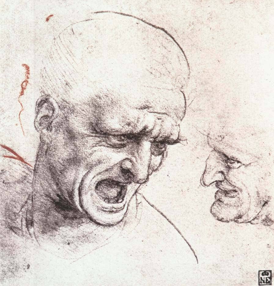 Studies for the Heads of Two Soldiers in the Battle of Anghiari - by Leonardo da Vinci